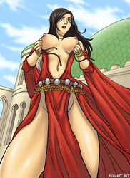 1girls black_hair breasts breasts_out cleavage dress female green_eyes islamic_architecture kaileena large_breasts lipstick middle_eastern middle_eastern_clothing middle_eastern_female mosque nipples persian_clothing persian_female prince_of_persia prince_of_persia_warrior_within red_dress sefuart tagme thighs