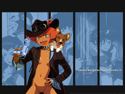 1girls 2boys bottomless breasts canine coat cowboy_bebop dark-skinned_female dark_skin edward_wong_hau_pepelu_tivrusky_iv ein_(cowboy_bebop) female human jacket pussy red_hair short_hair small_breasts tagme tomboy topless young