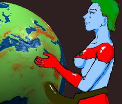 blue_skin breasts captain_planet captain_planet_and_the_planeteers color dildo earth female female_only funny gloves green_hair hair humor rule_63 sex_toy short_hair side_view sideboob solo strap-on tagme