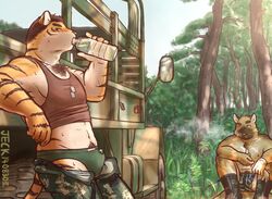 anthro bulge canine clothing duo feline fur furry jeck male_only mammal open_pants outside pants tiger underwear