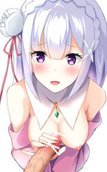 bangs bare_shoulders blush braid breasts censored cocona_(coconacafe) crown_braid detached_collar emilia_(re:zero) female flower hair_flower hair_ornament hair_ribbon handjob has_uncensored_version long_hair looking_at_viewer nipples open_mouth penis pink_clothes pointless_censoring purple_eyes re:zero_kara_hajimeru_isekai_seikatsu ribbon silver_hair smile solo tied_hair veins veiny_penis