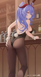 1girls ahoge alcohol animal_ears ass ass_grab back backless_leotard bangs bar bar_(place) bare_shoulders black_leotard black_pantyhose blue_hair bottle breasts brown_pantyhose closed_mouth cup drinking_glass fake_animal_ears fake_tail from_behind ganyu_(genshin_impact) genshin_impact goat_horns grabbing_own_ass horns indoors large_breasts leotard long_hair looking_at_viewer looking_back medium_breasts naeng-go pantyhose playboy_bunny pub purple_eyes rabbit_ears rabbit_tail sideboob sidelocks solo standing strapless strapless_leotard tail wine_glass wrist_cuffs