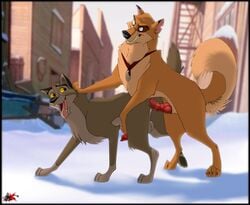 2016 anal anal_sex animal_genitalia animal_penis balls balto balto_(film) canine canine_penis clenched_teeth collar cum erection feral feral_on_feral from_behind_position fur husky kaltag_(balto) klaus_doberman knot looking_back male mammal mounting outside penetration penis precum sex smile snow teeth tongue tongue_out wolf yaoi