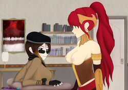 2girls breasts brown_hair casual_exposure casual_nudity clothed_female coco_adel green_eyes grey_eyes looking_over_eyewear looking_over_glasses looking_over_sunglasses multiple_girls necromalock nipples orange_highlights pyrrha_nikos red_hair rwby sunglasses tinted_eyewear