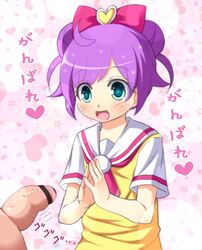 1boy :d aqua_eyes blush bow censored female hairbow hands_together heart_background japanese_text manaka_lala open_mouth penis pripara purple_hair red_bow solo_focus text