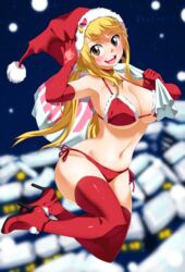 1girls armpits ass bag bare_shoulders bell bikini blonde_hair blush breasts brown_eyes christmas christmas_outfit fairy_tail female female_only gaston18 gloves happy hat high_heels holidays large_breasts legs long_hair looking_at_viewer lucy_heartfilia moon night open_mouth panties red_gloves red_panties shiny_skin snow solo stomach thigh_boots thighhighs tied_hair twintails