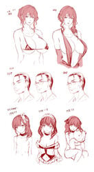 1boy 2girls :d absurdres age_difference bikini blush breasts character_sheet collar collarbone flat_chest glasses highres hug huge_breasts jewelry lips long_hair maid_headdress monochrome multiple_girls navel necklace nightgown nude older open_mouth pearls q_azieru rough_sketch short_hair smile stuffed_animal stuffed_toy swimsuit tareme teddy_bear