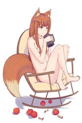 1girls animal_ears apple artist_request barefoot breasts brown_hair female flat_chest food fruit hair_over_breasts highres holding holo long_hair nude red_eyes sitting smile solo spice_and_wolf tail wolf_ears wolf_tail
