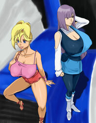 2girls alternate_breast_size big_breasts blonde_hair blue_eyes boots breasts brown_eyes cleavage curvaceous elle_vianno gundam gundam_zz hanging_breasts huge_breasts human large_breasts light-skinned_female light_skin long_hair mecha nanicoro pantyhose ponytail purple_hair red_eyes roux_louka sandals shirt shorts sitting skirt smile standing thick_thighs tongue tongue_out voluptuous wide_hips