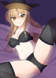 bed black_bra black_panties blonde_hair bra hat looking_at_viewer okina_matara ougi_hina pale_skin panties simple_background smile thighhighs thighs touhou underwear yellow_eyes