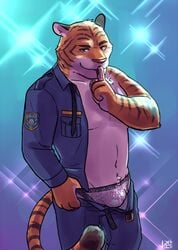 anthro brown_eyes brown_fur bulge clothing disney feline finger_to_lips fur hushing jeck looking_at_viewer male_only mammal orange_fur police simple_background standing tiger tiger_dancer_(zootopia) underwear undressing uniform white_fur zootopia