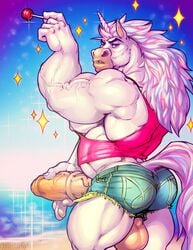 1boy animal_genitalia anthro balls belly biceps big_biceps big_muscles big_penis clothing equine erection hair hand_on_penis hi_res horn huge_cock humanoid_penis kihu kihuotter looking_at_viewer male male_only mammal manly mature_male muscular muscular_male nipples pants partially_retracted_foreskin pecs penis pose purple_eyes relaxing scar shirt shorts side_view simple_background solo standing teeth thick_penis uncut unicorn vein veiny_penis white_hair