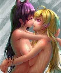 2girls absurdres ahoge animal_ears arms_around_neck arms_around_waist backlighting blake_belladonna blonde_hair blush canon_couple cat_ears chen_lan cowboy_shot derivative_work highres hug long_hair looking_at_another multiple_girls nipples nude purple_eyes purple_hair rwby saliva saliva_trail shower tagme water_drop yang_xiao_long yellow_eyes yuri