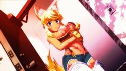 1girls 3d animal_ears animated blonde_hair blue_eyes blush bra_pull breast_grab breasts female female_only large_breasts liru looking_at_viewer monster_girl nipples pants renkin_san-kyuu_magical_pokaan seismic shiny_skin short_hair solo stomach tail thighhighs wolf_ears