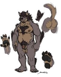 1boy 2016 5_fingers 5_toes anthro ass beard black_hair black_nose body_hair canine chest_hair elbow_tufts facial_hair flaccid fur furry grey_fur hair heterochromia hi_res humanoid_penis looking_at_viewer male male_only mammal model_sheet multicolored_fur nipples nude penis plantigrade pubic_hair raised_tail signature simple_background sketch soles solidasp solo standing tan_fur testicles text toes tuft uncut were werewolf white_background