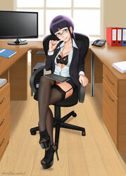 1girls 5_fingers aqua_eyes black_bra black_skirt bleach book bra braid breasts chair computer crossed_legs female female_only full_body glasses heels high_heels katzueki kurotsuchi_nemu large_breasts legs long_hair looking_at_viewer miniskirt monitor nail_polish office office_chair office_lady open_clothes purple_hair shiny shiny_skin skirt solo stockings thighhighs thighs tied_hair white_shirt wooden_floor