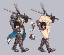 abs black_hair breasts brown_eyes ceres clothing dullahan gauntlets greaves inverted_nipples knight large_breasts nude smoke sword weapon