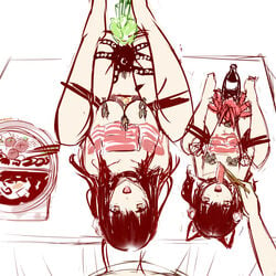 2girls animal_ears black_hair bondage bound breasts feeding femsub food frogtie highres lying meat multiple_girls multiple_subs nude nyotaimori octopus on_back q_azieru sketch table tied_hair twintails