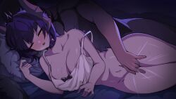 married_into_hell video_games tagme horns short_hair worknite_games female monster_girl from_behind breasts juliet_(married_into_hell) aeolian_(married_into_hell) bed night male/female demon_girl demon_horns spooning big_breasts collar pillow on_bed trembling image 1girl 1boy fingering masturbating_other closed_eyes fingering_partner blush