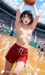 1girls ai_generated athletic athletic_female basketball breasts casual casual_nudity crowd encoder exhibitionism female naked naked_female nipples nude nude_female outdoors public public_nudity shorts small_breasts sportswear stadium topless