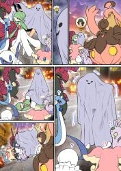 absol amano_jack ambiguous_gender anthro audino bakeccha black_body blue_body blue_eyes breasts clothing comic dragonair eyelashes female feral fur gardevoir generation_1_pokemon generation_3_pokemon generation_5_pokemon generation_6_pokemon ghost_costume gourgeist green_hair group hair hakuryu hat headgear headwear human humanoid interspecies jack-o'-lantern kyouya_(pokemon) male mammal motion_lines nintendo numera open_mouth outside paxton_(pokemon) pendror photo_background photography_(artwork) pink_body pink_fur pokemon pokemon_(species) pokephilia public public_sex pumpjin pumpkaboo question_mark red_body red_eyes scolipede sex sirnight sky sliggoo smile standing sunset tabunne white_body white_fur
