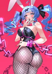 absurdres animal_ears ass blue_eyes blue_hair blush bow bowtie breasts chains chumji clothing_cutout cowboy_shot cutout_above_navel drooling female fishnets hair_ornament hair_ribbon hand_in_mouth hashtag-only_commentary hatsune_miku heart heart-shaped_pupils heart_cutout highres large_breasts long_hair open_mouth playboy_bunny rabbit_ears rabbit_hole_(vocaloid) red_background red_bow red_bowtie ribbon saliva solo strapless symbol-shaped_pupils