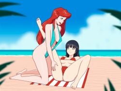 2girls anoneysnufftan applying_sunscreen ariel beach beach_towel bikini black_hair blue_eyes blurry_background crossover disney eastern_and_western_character embarrassed female female_only foliage humiliation ikaruga_(senran_kagura) imminent_death killer_lotion long_hair massage murder nail_polish ocean on_back one_leg_up penalty_game peril red_hair rubbing sand seaside senran_kagura sinfulline sky snuff summer sunbathing swimsuit the_little_mermaid towel water