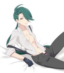 1girl arm_support bed clothing earrings elite_four fully_clothed green_hair hair_covering_eye leaning_back navel newgrounds pants panty_peek pokemon pokemon_sv pokemon_trainer red_eyes rsin shirt source suggestive suggestive_look suggestive_pose tagme tagme_(artist) undressing visible_underwear white_background