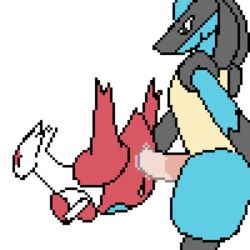 1boy 1girls all_fours anal anal_sex animated anus ass black_eyes blue_fur canine closed_eyes cum cum_in_ass cum_inside doggy_style dragon female from_behind_position furry interspecies large_penis latias legendary_pokemon lucario male nintendo pcred566 penetration penis pixel_art pokemon pussy sex simple_background size_difference smile standing straight tail testicles video_games white_background wings