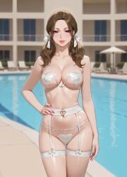 ai_generated beach_umbrella bikini bowtie brown_hair female garter_straps hair_ribbon hand_on_hip heart_bikini hourglass_figure large_breasts lounge_chair low_twintails midriff poolside rgomez007 skimpy_bikini slender_body solo_female stable_diffusion stockings straps sunny twintails white_clothing