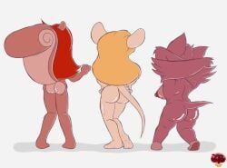 anthro areola ass bat big_breasts blonde_hair breasts chip_'n_dale_rescue_rangers digital_media_(artwork) disney female foxglove fur gadget_hackwrench group hands_behind_head hi_res ladycherrybomba mammal mouse murid murine nipples nude rear_view rodent sciurid simple_background squirrel standing tail tammy_squirrel tree_squirrel trio