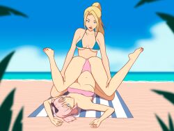 2girls anoneysnufftan applying_sunscreen beach beach_towel bikini blonde_hair blue_eyes blurry_background crossover embarrassed female female_only foliage hibari_(senran_kagura) humiliation imminent_death killer_lotion massage murder nail_polish nipple_slip ocean penalty_game peril pink_hair rubbing sand sarah_bryant seaside senran_kagura short_hair sinfulline sky snuff summer sunbathing swimsuit towel virtua_fighter water