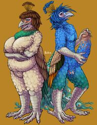 anthro avian balls beak big_breasts bird blue_eyes blue_feathers blush breasts brown_background brown_feathers bubonikku censored duo feathers female green_feathers huge_breasts huge_cock male nipples overweight overweight_female peafowl penis red_eyes signature simple_background smile standing talons tan_feathers wings