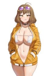 1girl :q ahoge ajidot anis_(nikke) anis_(sparkling_summer)_(nikke) big_breasts bikini bikini_top_only bikini_under_clothes black-framed_eyewear black_choker blush bottomless breasts brown_hair choker cleavage closed_mouth collarbone commentary_request cowboy_shot curvy eyepatch_bikini eyewear eyewear_on_head goddess_of_victory:_nikke hair_ornament hairclip hands_in_pockets highres hood hood_down jacket korean_commentary large_breasts long_sleeves looking_at_viewer medium_hair navel official_alternate_costume open_clothes open_jacket pendant_choker pocket purple-tinted_eyewear simple_background smile solo standing stomach sunglasses sunglasses_on_head swimsuit thick_thighs thighs tinted_eyewear tongue tongue_out white_background white_bikini yellow_eyes yellow_jacket