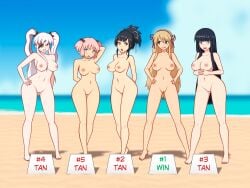 5girls anoneysnufftan asuka_(senran_kagura) beach black_hair blonde_hair blue_eyes blurry_background blush blush_lines blush_stickers breasts competition contest defeated_heroine embarrassed_nude_female eyepatch female female_only green_eyes hibari_(senran_kagura) ikaruga_(senran_kagura) katsuragi_(senran_kagura) lineup long_hair loser nipples nude ocean peril pink_hair pussy ranking sand seaside senran_kagura short_hair sinfulline sky standing summer twintails victory water white_hair winner yagyuu_(senran_kagura)