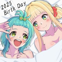 2025 2girls birthday blonde_hair blue_hair blush breasts d4dj english_text fukushima_noa green_eyes hair_up hanamaki_towa in_bed looking_at_another naked tamakeri_yoshiko text yuri