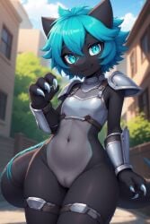 ai_generated armor black_body blue_eyes blue_hair bottomless_female curvy_female dinosaur female flat_chest pussy raptor reptile thick_thighs wide_hips
