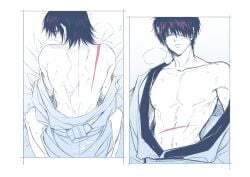 2boys all_fours bandages blush cum cum_on_clothes eye_patch from_behind gay gintama implied_anal implied_sex katsura_kotarou kimono llemonyyyy looking_at_another looking_back male male_only no_visible_genitalia official_alternate_hairstyle on_bed restricted_palette scar smile sweat takasugi_shinsuke toned toned_male yaoi