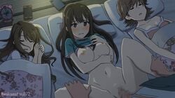 1boy 2d 2d_animation 3girls alarm_clock animated arm_around_waist black_hair blanket blue_eyes blue_shirt blush bottomless bouncing_breasts boy_on_top breasts brown_hair censored clock closed_eyes floral_print futon honda_mio idolmaster idolmaster_cinderella_girls long_hair lying mosaic_censoring multiple_girls navel nipples no_sound on_back otayama pillow pubic_hair pussy secret sex shibuya_rin shimamura_uzuki shirt shirt_lift short_hair short_sleeves shorter_than_10_seconds shorter_than_30_seconds sleeping stealth_sex strap_slip vaginal_penetration video