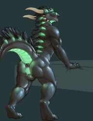 1boy 2016 anthro anus ass balls black_scales detailed dragon glowing horn looking_at_viewer male male_only mane muscular pinup pose presenting sairaks scales scalie scritt scritt_(character) solo spikes teeth tongue tongue_out