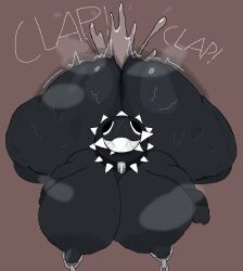 anthro areola ass belly big_breasts big_butt black_body bodily_fluids breast_grab breast_squish breasts breasts_bigger_than_head chain_chomp chains female flexing gigi_(thecoatl034) huge_breasts huge_butt huge_hips huge_thighs hyper hyper_breasts mario_(series) meshletgardn nintendo nipple_chain nipple_piercing nipples open_mouth piercing rear_view shiny shiny_skin solo squish thick_thighs wide_hips