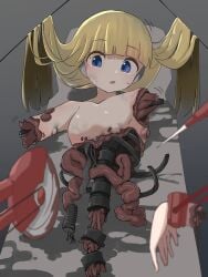 amputee armless_amputee blonde_hair blood blue_eyes breasts commentary_request commission cyborg exposed_internal_machinery exposed_muscle female guro highres intestines no_nipples open_mouth original robot_ears saw scalpel severed_hand severed_torso skeb_commission small_breasts solo spine surgery yorinoa