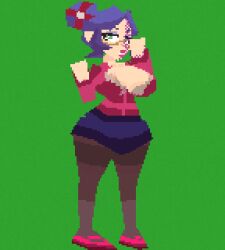 blue_hair clothed clothed_female female glasses gnome gnome_(warcraft) green_background large_breasts lowpoly peeking_nipple polez ruby_funnelcog skirt spinning stockings tagme world_of_warcraft