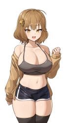 1girl 1girls ahoge ajidot anis_(nikke) bare_shoulders big_breasts black_shorts black_thighhighs breasts brown_eyes brown_hair brown_jacket cleavage collarbone commentary_request cowboy_shot crop_top dolphin_shorts female female_only goddess_of_victory:_nikke grey_shirt hair_ornament hairclip highres jacket korean_commentary large_breasts looking_at_viewer midriff navel off_shoulder open_clothes open_jacket open_mouth shirt short_hair short_shorts shorts simple_background sleeveless sleeveless_shirt smile solo standing stomach thick_thighs thighhighs thighs white_background