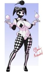 1girls 2026 alternate_version_available artist_signature ball_(object) big_breasts black_and_white_clothing borderreloaded cameltoe checkered_clothes cotton_tail exposed_torso full_body hands_up harlequin hi_res jester jester_hat juggling masked masked_female navel painted_breasts pasties performer pestrica_r simple_background solo thick_thighs twitter white_skin