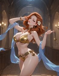 1girls ai_generated architecture bracelet candlelight chastity chastity_belt chastity_device dancer dancer_outfit dancing drapery_(clothing) female female_chastity female_only femsub flower_in_hair ginger_hair hallway holding_key holding_object key key_necklace long_hair loose_hair narrow_waist padlock rgomez007 seductive_look solo_female stable_diffusion veil wide_hips