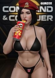 1girls 3d ai ai_art ai_generated alternate_version_at_source artist_logo artist_name belly_button big_breasts bikini bikini_bottom bikini_top black_bikini black_bikini_bottom black_bikini_top black_eyebrows black_hair bluesky_link breasts chips_(food) command_and_conquer female female_focus game_logo hat natasha_volkova navel pringles pringles_can quinzo11 red_alert_(video_games) red_alert_3 red_hat red_lips red_lipstick self_upload short_hair