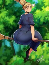 1girls artist_name ass big_ass blonde_hair blurry blurry_background blurry_foreground broom broom_riding depth_of_field from_behind huge_ass jujutsu_kaisen looking_at_viewer looking_back luizinbk nature nishimiya_momo outdoors shortstack signature sitting solo