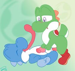 2boys balls blue_yoshi cute green_yoshi long_tongue male male_only mario_(series) multiple_boys nintendo penis psyredtails simple_background tongue video_games yaoi yoshi