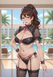 1girls ai_generated alluring brown_hair brunette_hair eyepatch_bikini flower_in_hair hair_ribbon hair_tie hair_tied hand_on_hip hourglass_figure inner_sideboob lace lace-trimmed_thighhighs lace_panties large_breasts lingerie lounge_chair milf narrow_waist one_hand_on_hip ponytail poolside resort rgomez007 ribbon_panties see-through see-through_clothing sexy solo_female stable_diffusion stockings swimming_pool wrist_scrunchie
